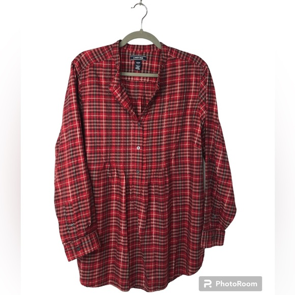 Lands' End Tops - Land’s End Women’s Blouse Top Red Plaid Metallic Tucks Slightly Puffed Sleeves